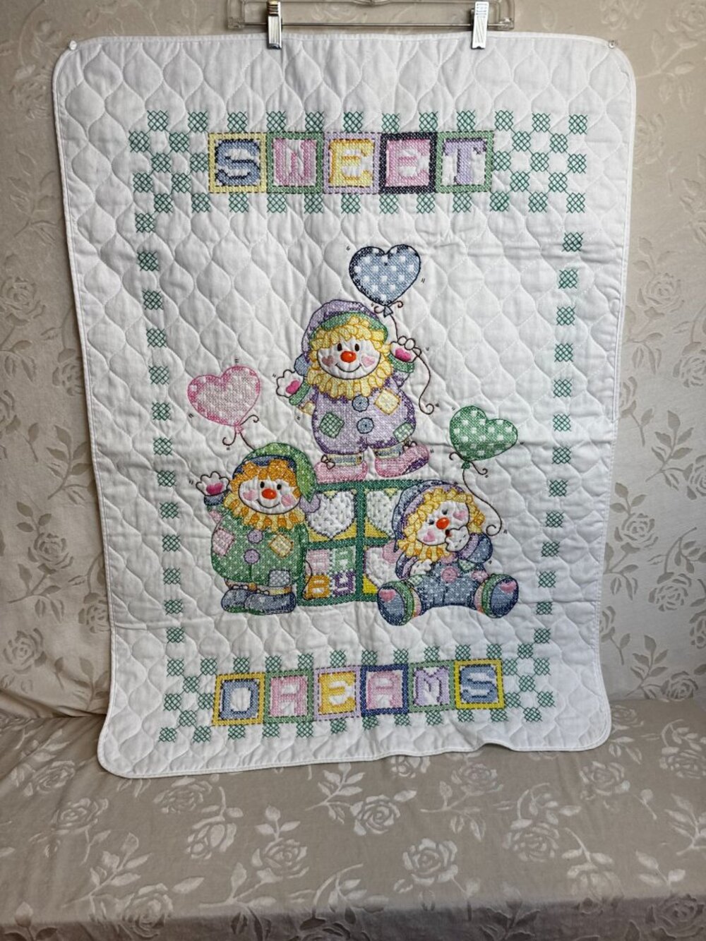 Vintage Clowns Cross Stitch Baby Quilt Sweet Dreams Balloons Handmade 29" x 40